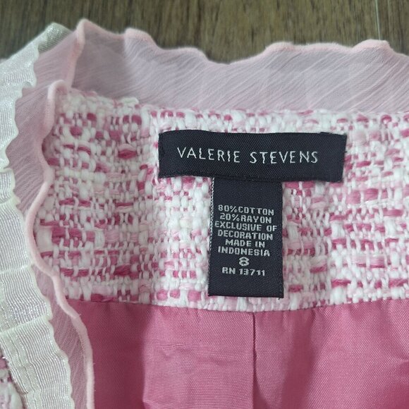 💙 Valerie Steven's Tweed Pink White Cotton Blend Shoulder Pads Blazer Size 8 - Picture 6 of 10